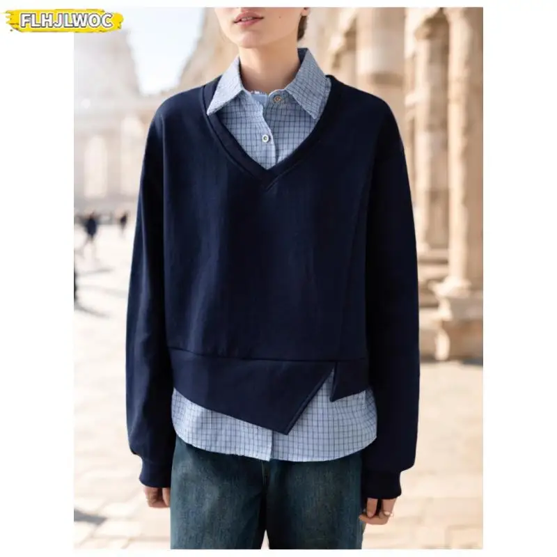 

Hot New Japan Korea Chic Long Sleeve Fake Two Piece Peplum Tops Patchwork Button Basic Blue Striped Shirts Hoodies Sweatshirts