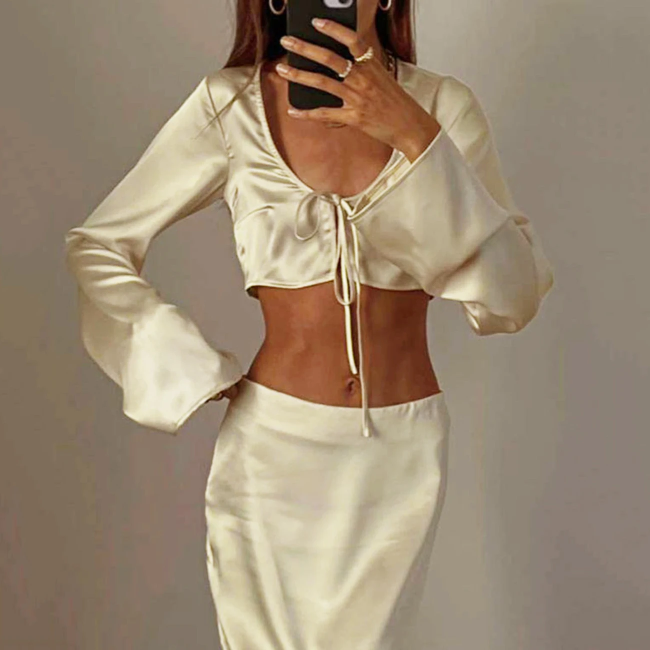 WXOY Satin Skirt Set Women's Suit Oversized Sleeveless Top 2 Piece Sets Woman Outfit High Waist Lace-Up Skirt Sets