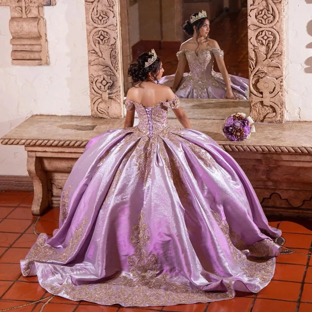 Vestidos de Quinceañera de princesa púrpura, vestido de baile sin hombros, apliques brillantes, dulce 16, 15 Años, mexicano