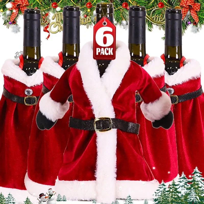 1/6PCS Christmas Wine Bottles Set Red Velvet Dress Clothes Wine Bottles Cover Xmas New Year Dinner Table Decor Wine Bottles Bag