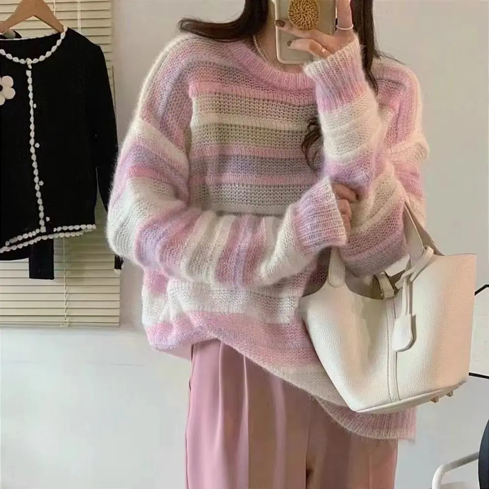 Hollow stripe pullover sweater gradient soft waxy wind sweater loose and thin high-end long-sleeved knitted pullover sweater top