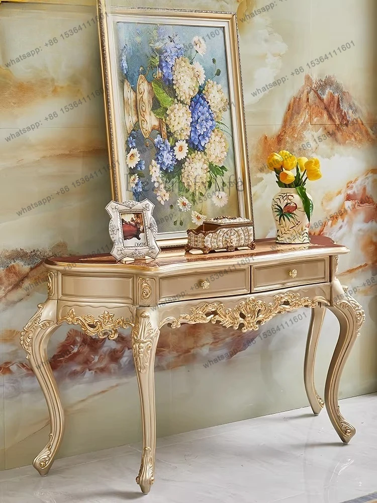 European solid wood porch cabinet with pumping wall table full solid wood carving flower porch rack American champagne gold