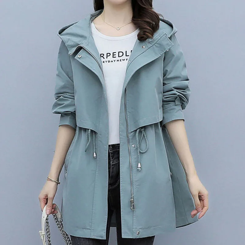 Women Autumn Hooded Trench Coat Fashion Drawcord Loose Pocket Solid Jacket Korean Office Lady Mid Length Casual Outerwear