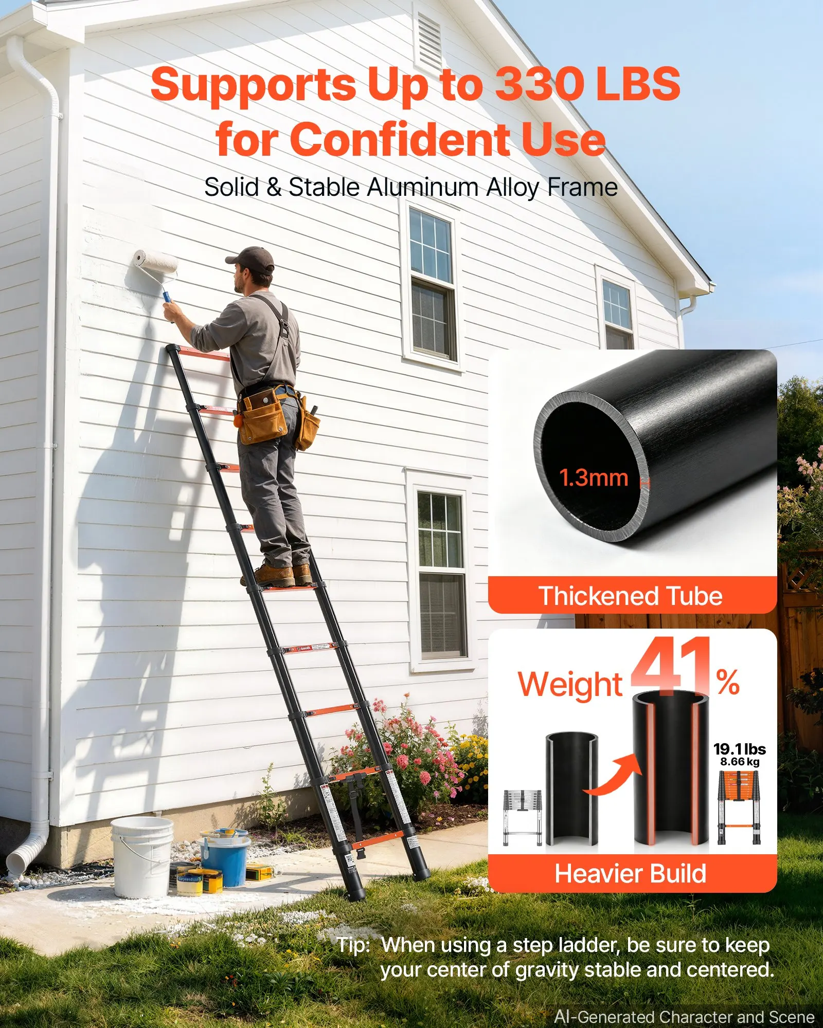 Telescoping Ladder, 8.5 ft Extension Ladder Multi-Button Retraction, Heavy-Duty 330 lbs Capacity, Painting, Window Cleaning and RV, Aluminum, Anti-Slip Steps, Orange & Black, Designed for Home Repairs