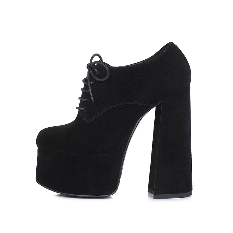 

Arden Furtado Spring Sheep Suede Round toe square heel Platform pumps Super high heel Sexy Lace up Single shoe Commuter shoes