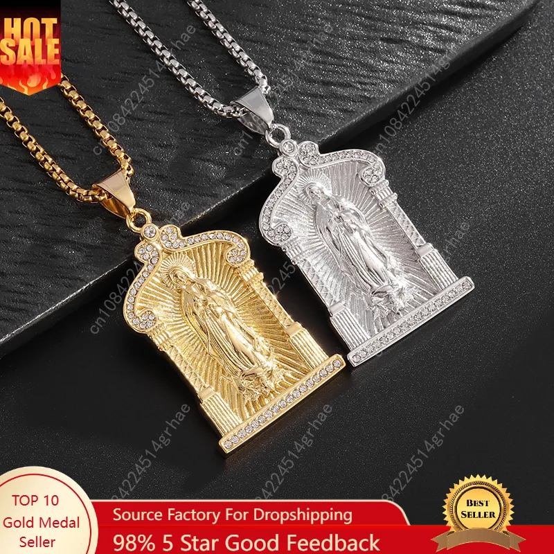 

New Catholic Virgin Mary stainless steel Necklace with rhinestone Religious Faith God Hip Hop Pendant Exquisite Party Gifts