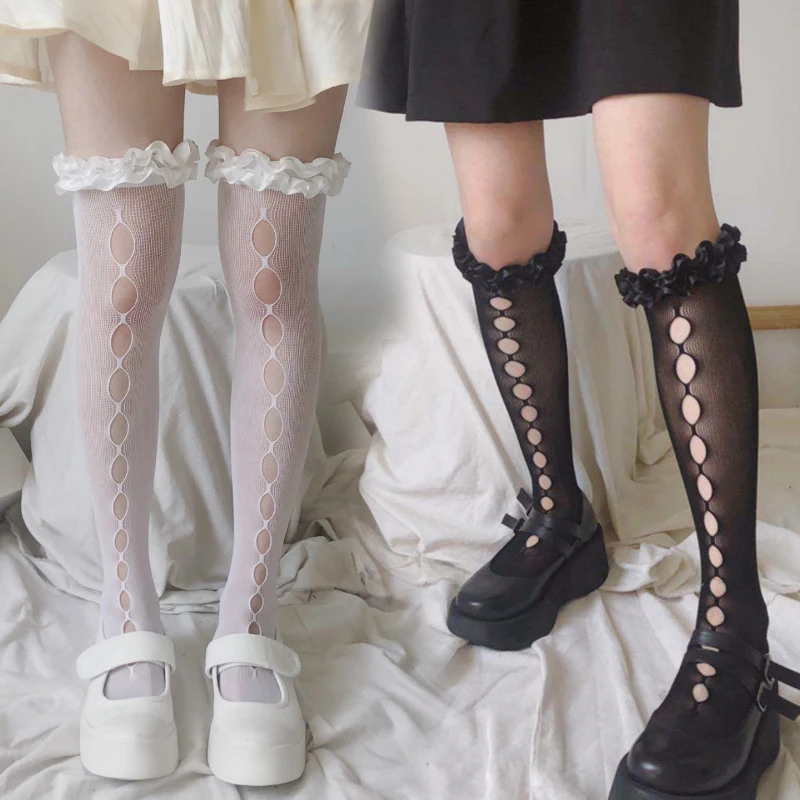 Pleated Satin Lace Socks Women Lace-up Over Knee Socks Cosplay Gothic Sexy Hollow Out Punk Knee-high Stockings Lolita Socks