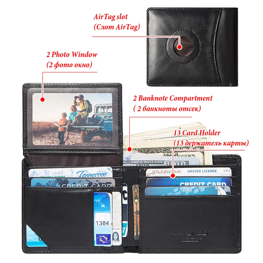 Men Airtag Holder Wallet Genuine Leather RFID Blocking Cards Holder Wallets Minimalist Male Front Pocket with ID Window