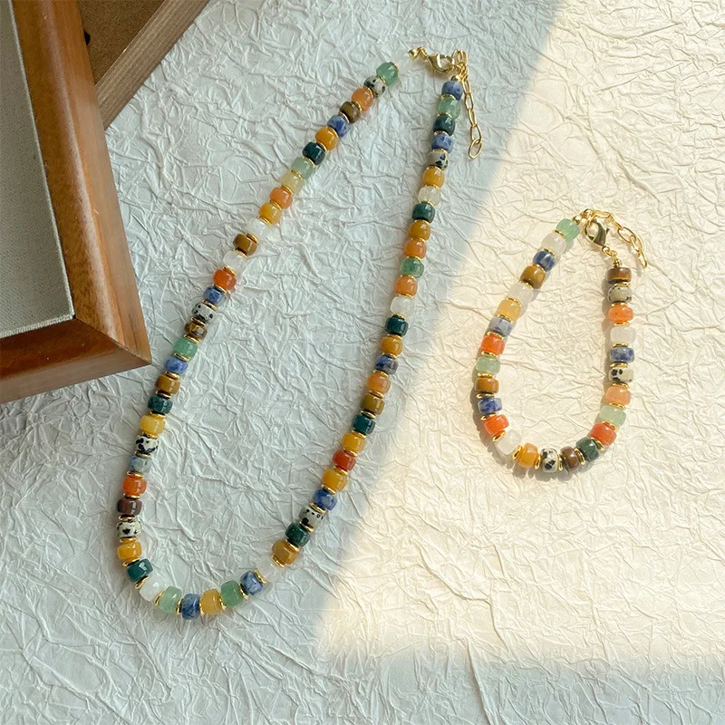 Natural Color Stone Beaded Strand Chain Rainbow Decoration Autumn Winter Necklace for Women Stacked Bracelet Light Luxury Niche