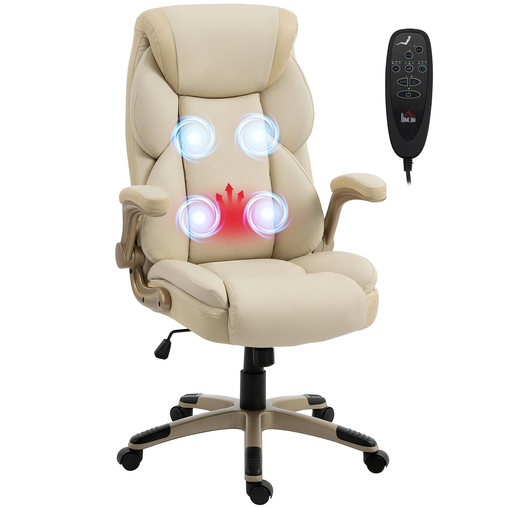 HOMCOM Silla de Oficina con Masaje Vibratorio de 4 Puntos y Calor Lumbar Crema