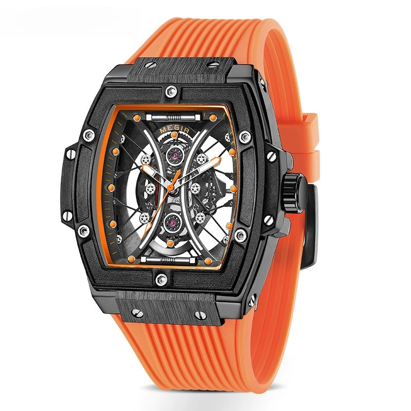 Tonneau Skeleton Quartz Watch for Men, Orange Silicone Strap Racing Sport Hollow Wristwatch