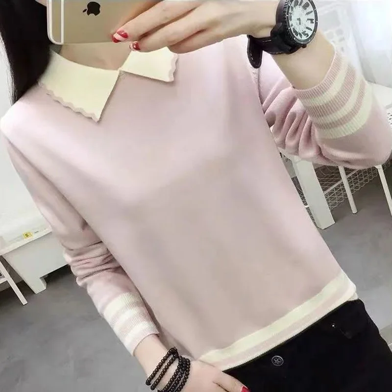 Fashion Peter Pan Collar Spliced Striped Korean Sweaters Female Clothing 2023 Autumn Winter Casual Pullovers Commute Tops