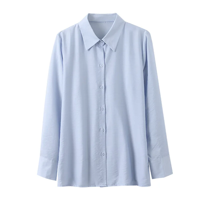 Primavera outono elegante blusa feminina fina 2025 novo azul manga longa único breasted coreano casual solto senhora do escritório camisa feminina