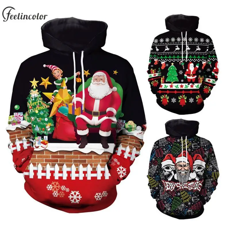 

Santa Claus Couple Ugly Hoodies Merry Christmas Printed Pullover with Pocket Deer Graphic Hoodie Sweatshirt Women Men Clothes