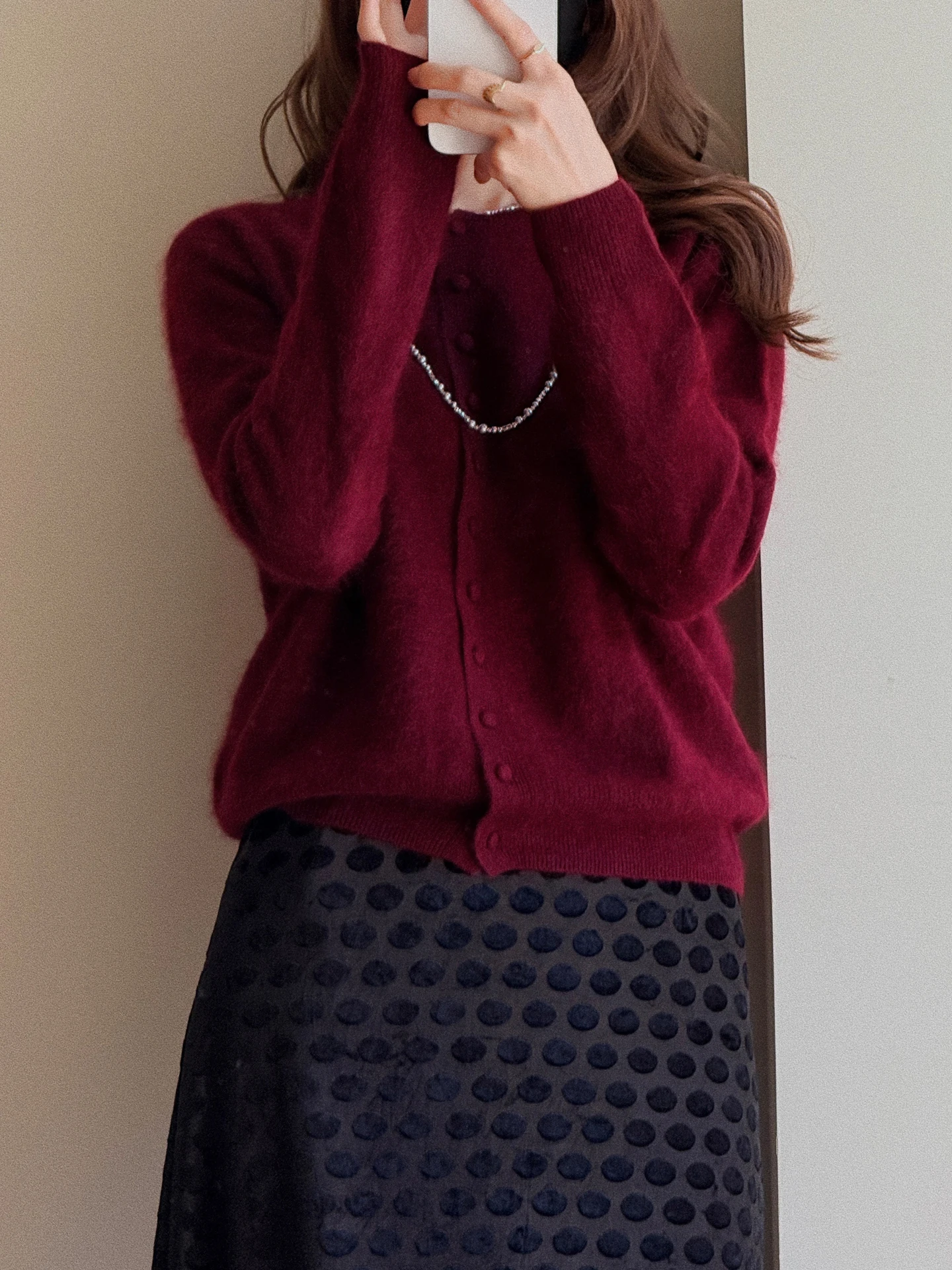 

Red Wine Color Camere Knitted Open Cardigan round Ne Women's Vintage Sle Winter Faion Upper Apparel Jophond Lou Brand