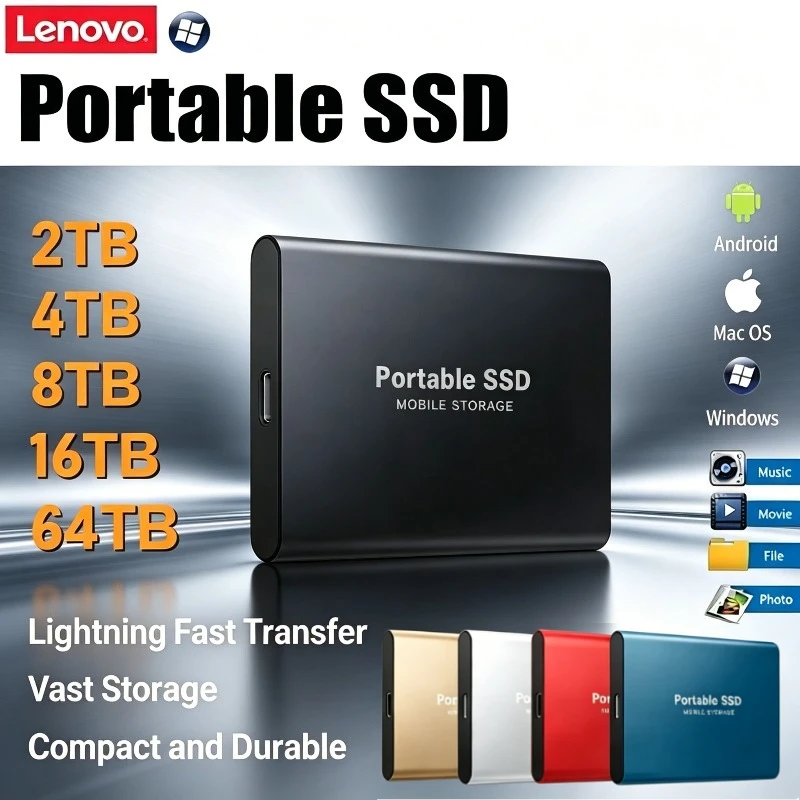 

Портативный SSD-накопитель Lenovo USB 3.0, высокоскоростной внешний жесткий диск 4 ТБ/2 ТБ, твердотельный накопитель для ноутбуков и ПК, для резервного хранения данных