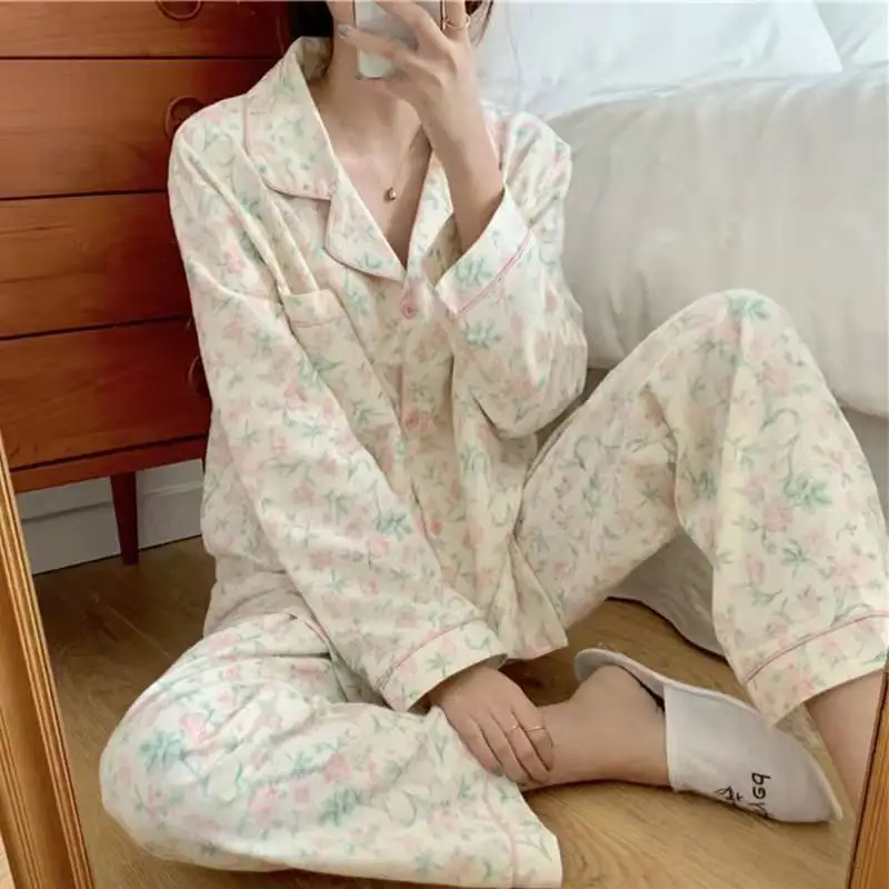 

Floral Print Cotton Pajamas Women's Long Sve Thin Home Clothes Set Sweet Sle Student Net Red Two-Piece Spwear Set