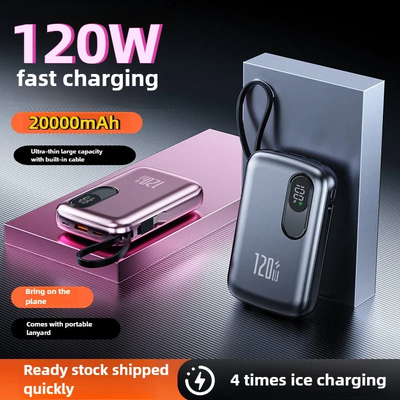 20000mAh Power Bank 120W Portable Charger with Built-in USB-C Cable for iPhone 16 15 14 13 Pro Max Xiaomi
