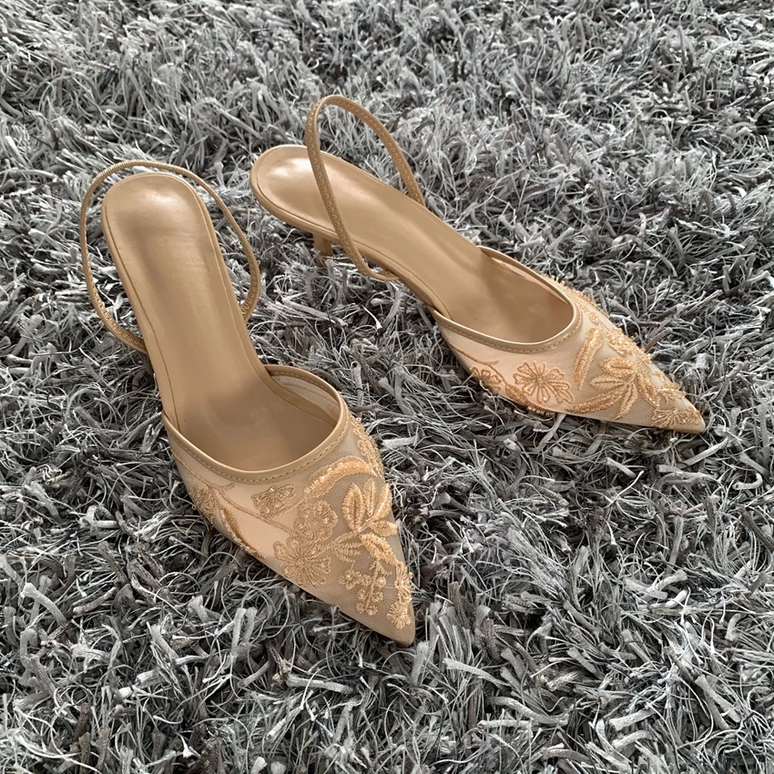 Luxury Brand High Heels Women Sandals Mesh Embroider Elegant Pointed Ladies Slingback Evening Party Wedding Bridal Dress Shoes image 5