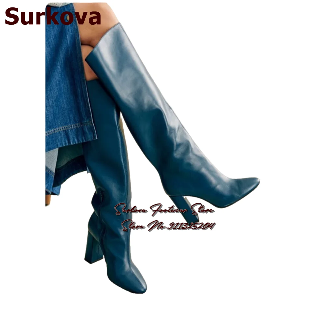 Surkova Navy Blue Matte Leather Chunky Heel Knee Boots Zipped Square Heel Gladiator Tall Boots Fall Winter Long Dress Shoes