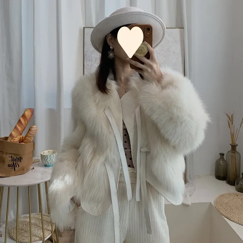 

Осень-зима 2022, новая меховая куртка, женское короткое пальто из искусственного лисьего меха, модная утепленная женская одежда на шнуровке с длинными рукавами