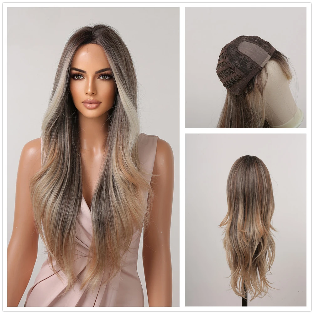 

Women Long Ombre Brown Highlight Platinum Wig Natural Lace Front Wig Synthetic