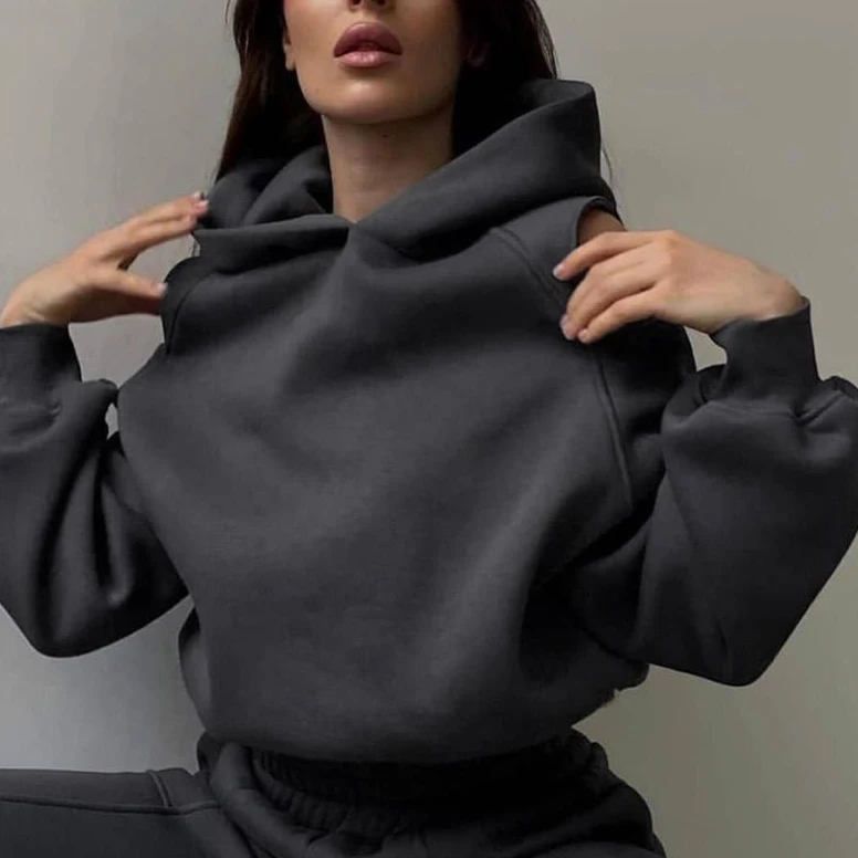 

2026 женская одежда, новый комплект из двух предметов в европейском и американском стиле, однотонная короткая толстовка с капюшоном, комплект брюк с завязками на ногах