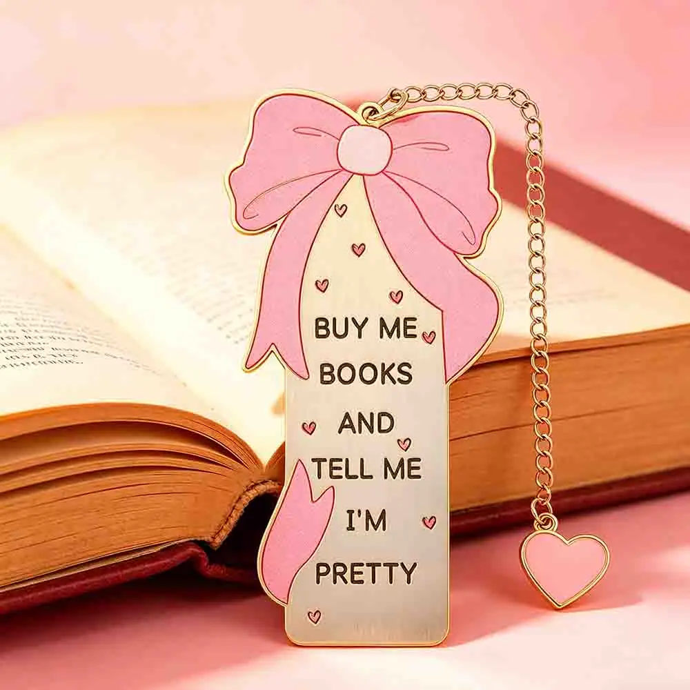 Metal Bookmark Page Marker Ribbon Bow Heart Pendant Pink Stationery Student Gift Creative Design Reading Accessory Bookmark