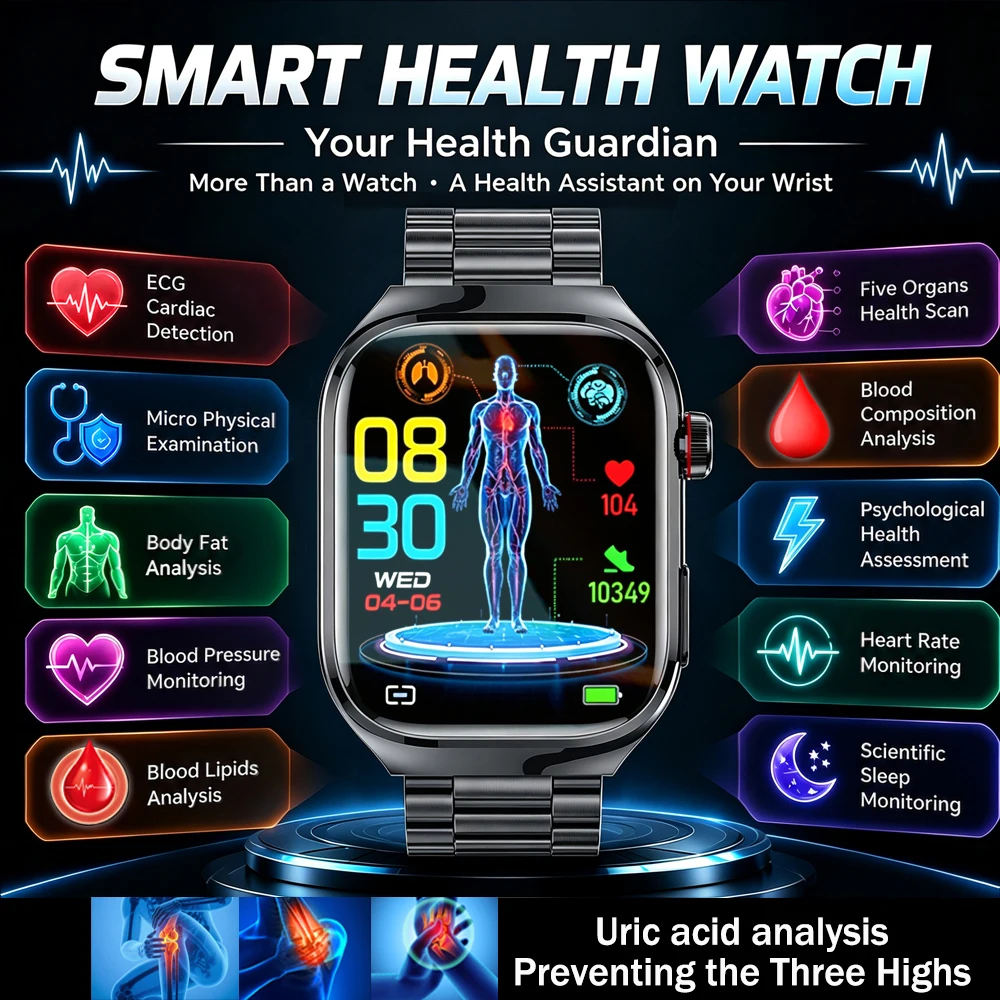 2026 Nouvelle montre connectée ECG précise, analyse de la santé cardiaque, analyse sanguine, acide urique, IMC, analyse corporelle, appel Bluetooth, montre connectée pour hommes