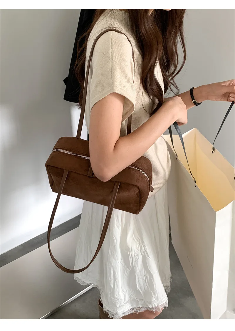 Wildleder Boston Tasche Baguette Tasche Handtasche Schultertasche Damen Vintage Kissen Unterarmtasche für den Alltag – Detail 19