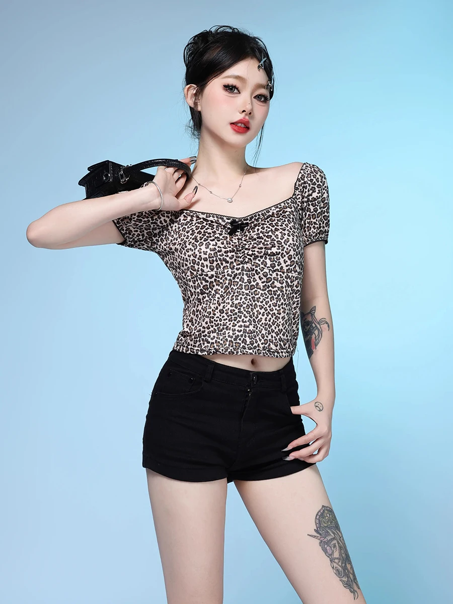 RORORIRI Retro Leopard Print Short Sleeves T-shirt Women Summer Bow Decor Square Neck Stretch Slim Crop Top Grayu Y2k Streetwear