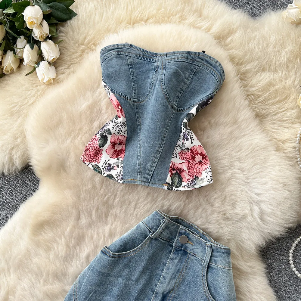 Denim Pant Set Women Two Piece Sets Strapless Tops Elastic Waist Floral Bootcut Pants Y2k Streetwear Vintage Washed 2026 summer
