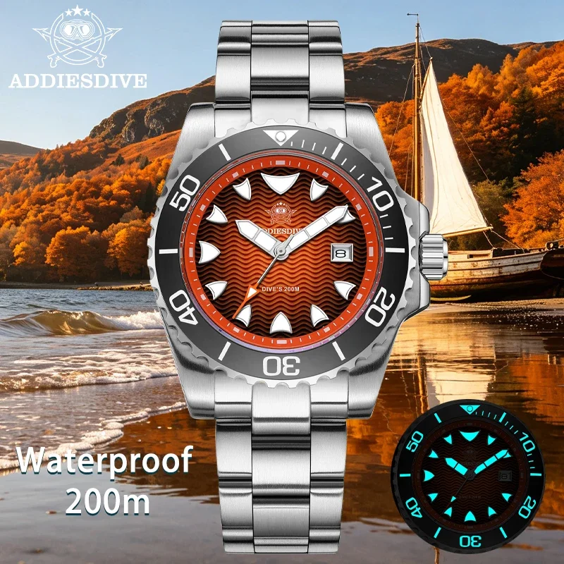 ADDIESDIVE Mens Waterproof Quartz Watch 200M 41mm Diving Watch 316L Stainless Steel Japanese 2115 Movement Date Bezel BGW9