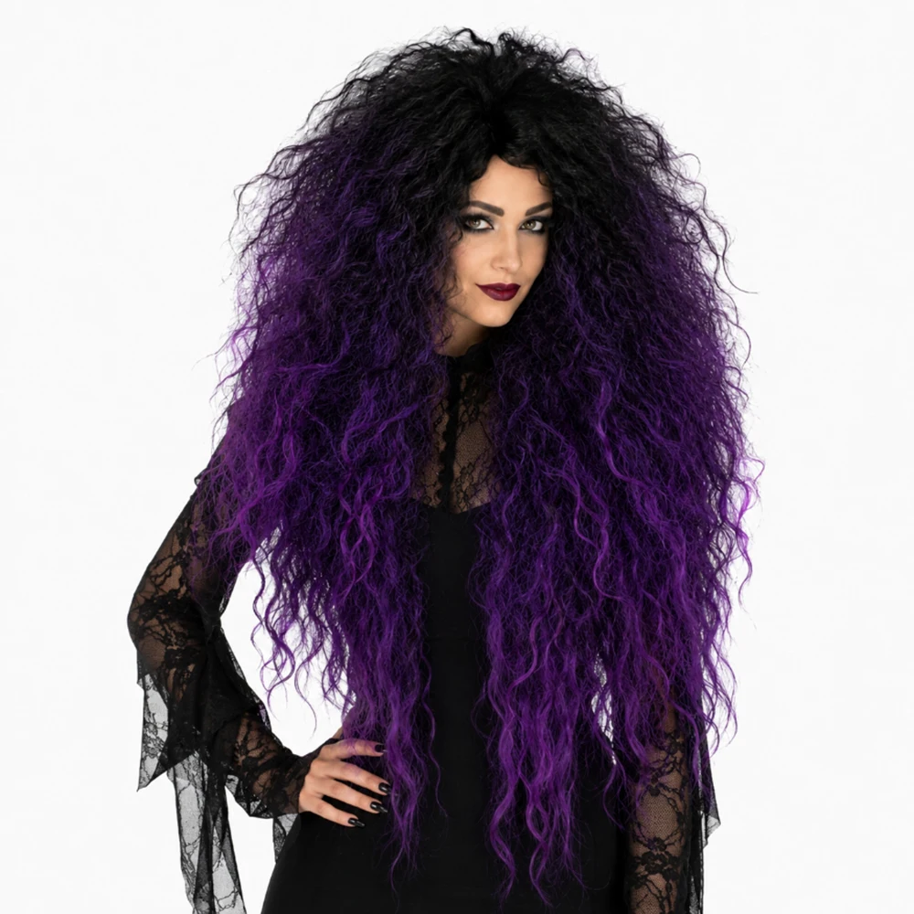 Synthetic Hair Gothic Vampire Queen Long Curly Black Burgundy Cosplay Halloween Wig Rose Net
