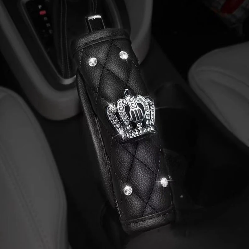 Car Seat Belt Cover Leather Seat Belt Shoulder Pad Crown Crystal Rhinestones Diamond Shifter Gear Cover Hand Brake Covers Sets