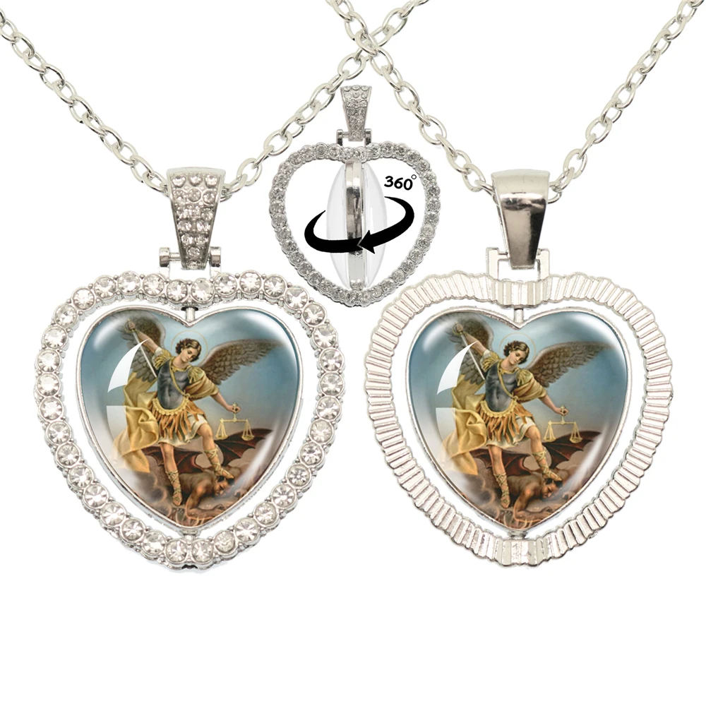 Archangel St. Michael Protect Me Saint Shield Double Sided Necklace With 360 Degree Rotating Heart Shaped Pendant Jewelry