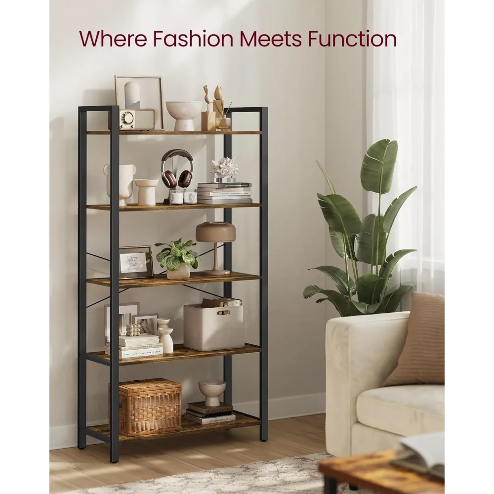 ชั้นวางหนังสือ VASAGLE 5 ชั้น, ตู้หนังสือโครงเหล็ก, ชั้นวางหนังสือสำหรับห้องนั่งเล่น, โฮมออฟฟิศ, ห้องทำงาน, 11.8 x 31.5 x 60.2 นิ้ว