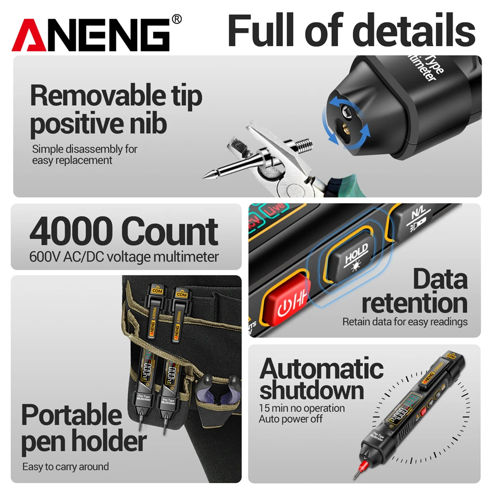 ANENG A3006A Digital Multimeter Pen Tester Smart 2 en 1 Alta Precisión AC / DC Voltaje Sin Contacto Hz Resistencia Diodo Identificación Automática Electricistas Herramientas Detector