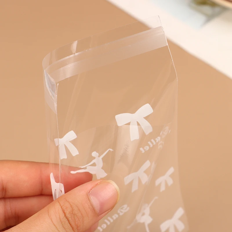 50pcs White Ballet Biscuit OPP Self-Adhesive Bag Bowknot Candy Chocolates Dessert Self Sealing Bag Gift Bag Card Storage Bag