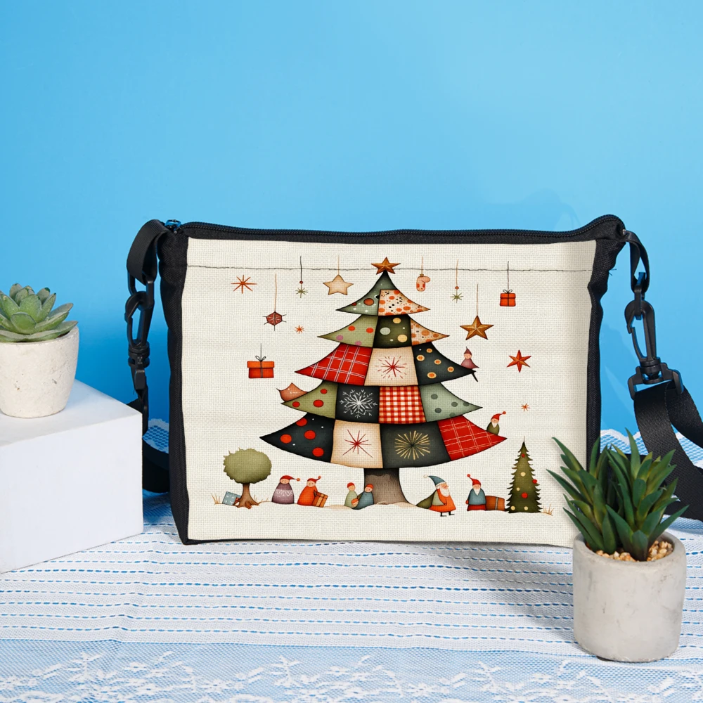1pc Christmas Tree Pattern Crossbody Bag White Holiday Theme Print Shoulder Bags For Women And Girls Festive Party Gift Carrying