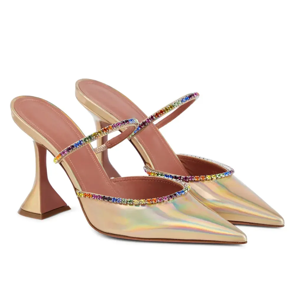 Korean Version of The Trendy Half-slip Women\'s Shoes with Rhinestone Satin Wine Glass Heels Baotou Slippers