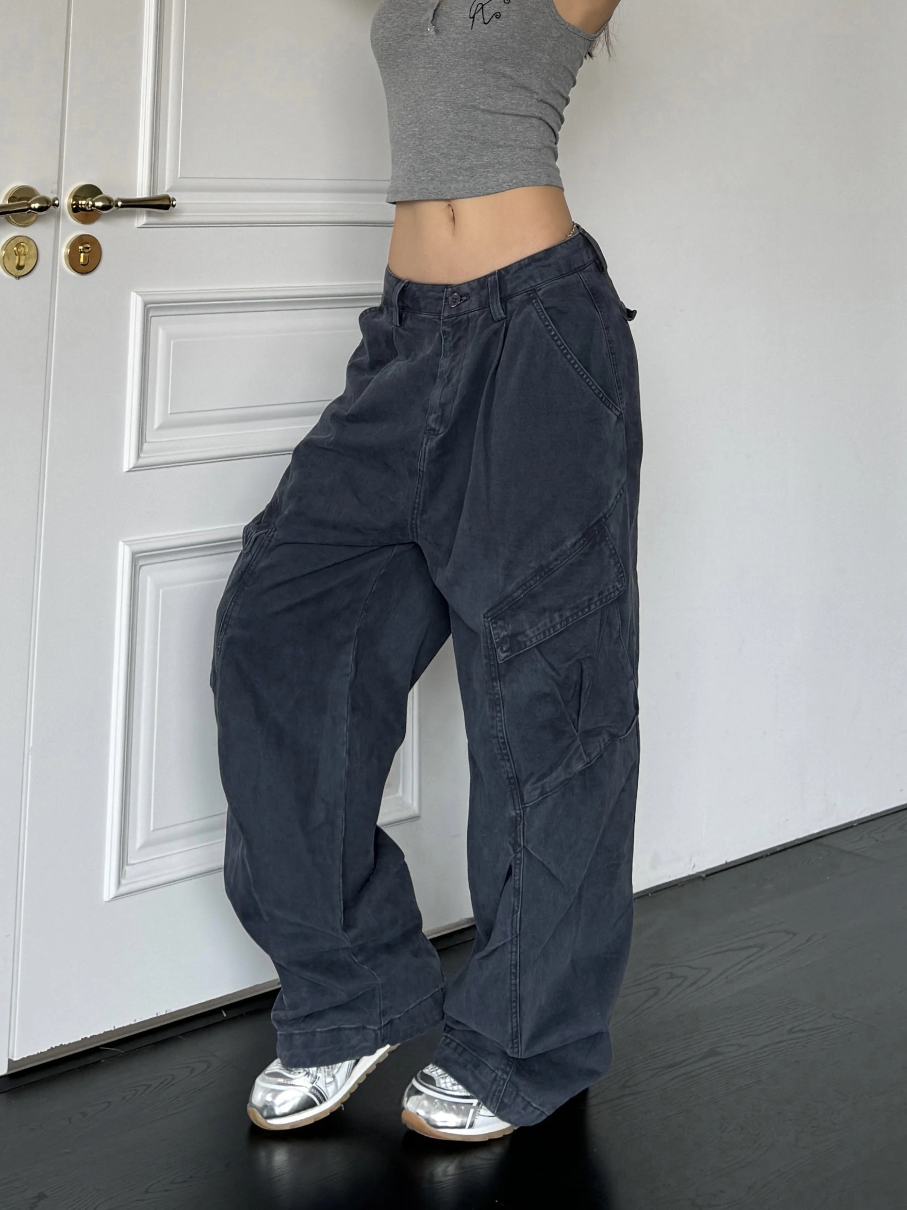 

Cleanfit American High Street Vintage Pleated Large Pocket Work Trousers Loose Wide Leg Floor-Length Casual Pants Unisex