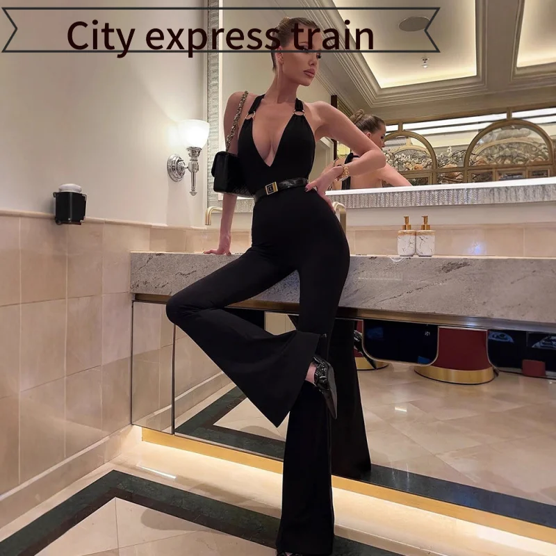 

Sexy Slim Fit Hollow Top for Women Double Deep Hanging Neline High Waist Long Pants Ultra Thin Stretchy Fabric Par Wear