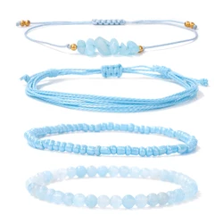 Natural Aquamarines Stone Beads Rope Bracelet Handmade 4pcs/set Multi-Layer Cord String Surfer Bracelets For Women Men Jewelry