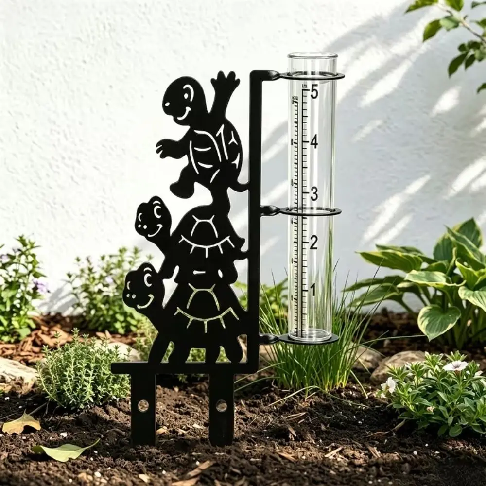 Iron Art Metal Frog Rain Gauge Stake Rustproof Weatherproof Outdoor Glass Tube Rain Gauge with Scale Umbrella Frog Shaped