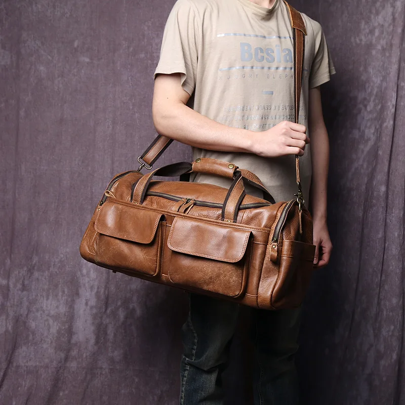 Imagem -04 - Bolsa de Viagem de Couro Fosco Masculina Grande Capacidade Retrô Feita de Pele Velha Superior Portátil Bagagem de Curta Distância Nova