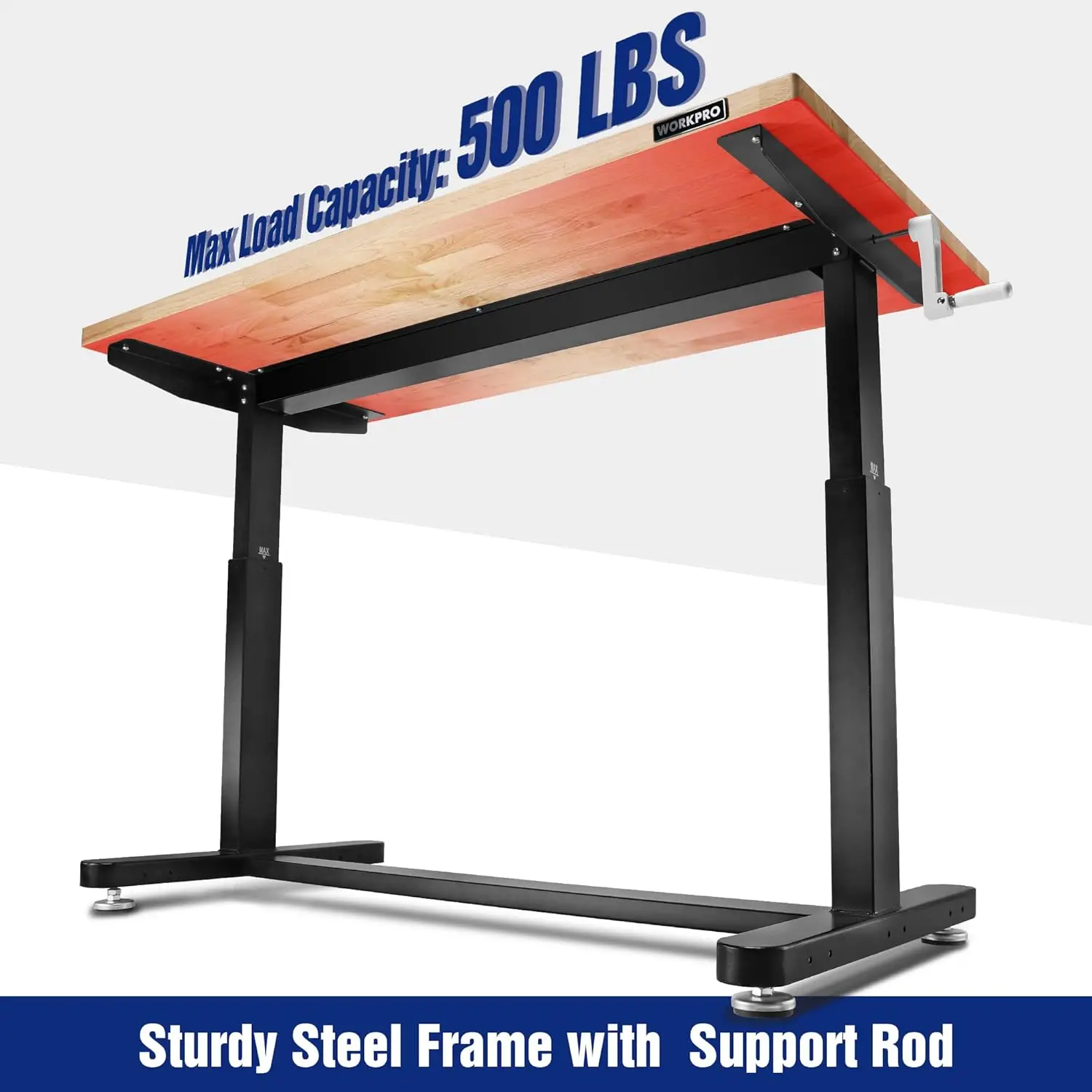 60” Height Adjustable Work Table with Crank Handle and Casters, 60” x 24” Wooden Top Standing Desk Workbench