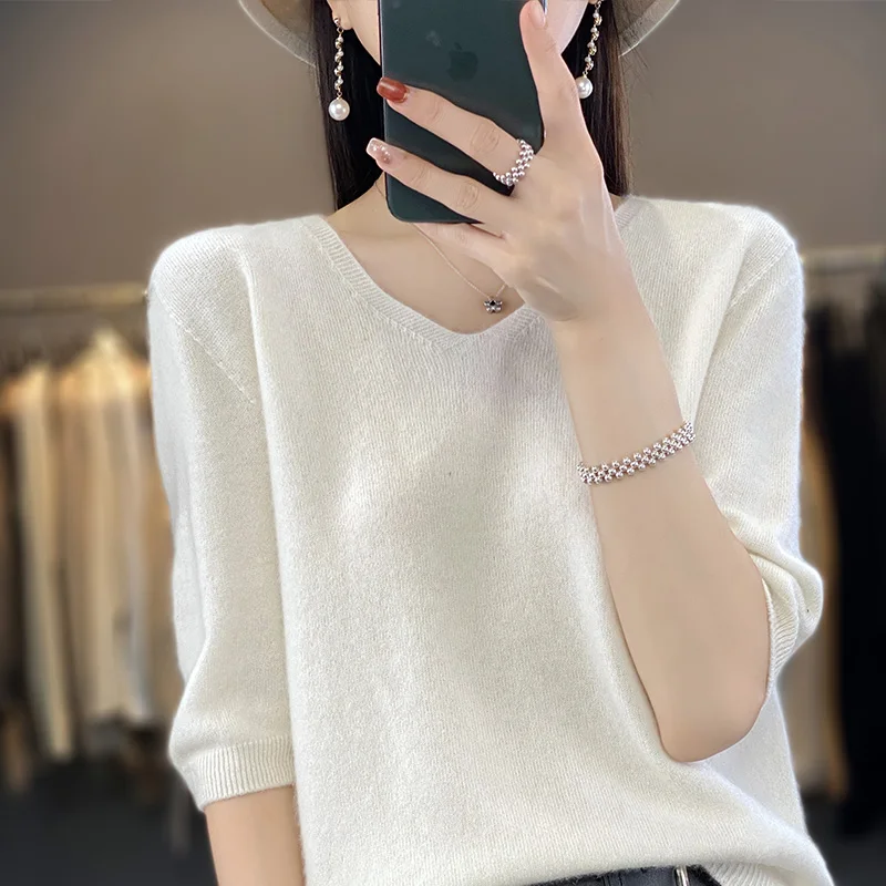 Half-Sleeve Sweater Women's Spring And Autumn Thin V-Neck Loose Solid Color Pullover Five-Point Sleeve Bottoming Shirt T-Shirt