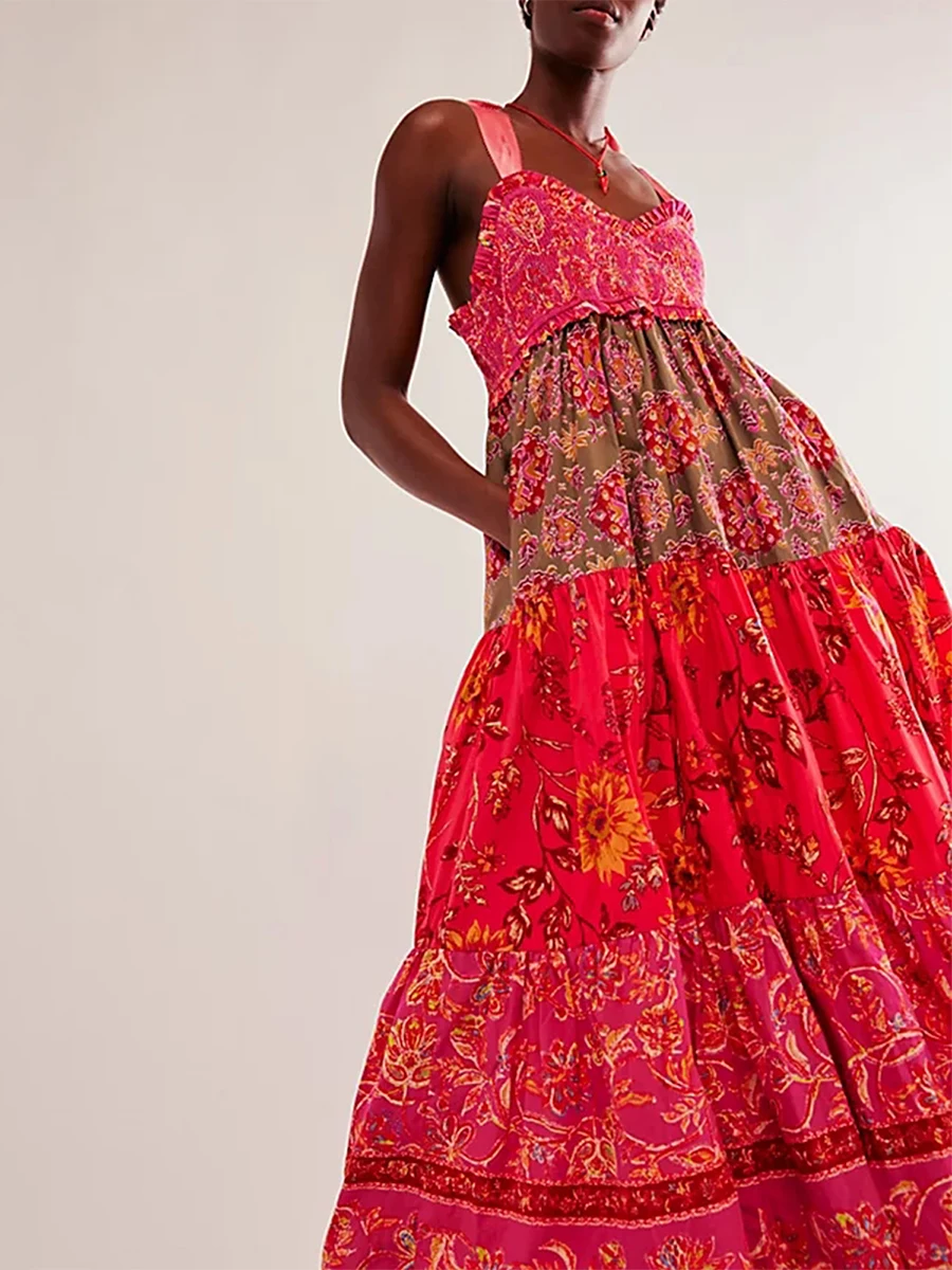 Abito da donna Cami con stampa floreale spalline allacciate abito senza maniche abito lungo abito estivo grande Swing a-line abito elegante allentato