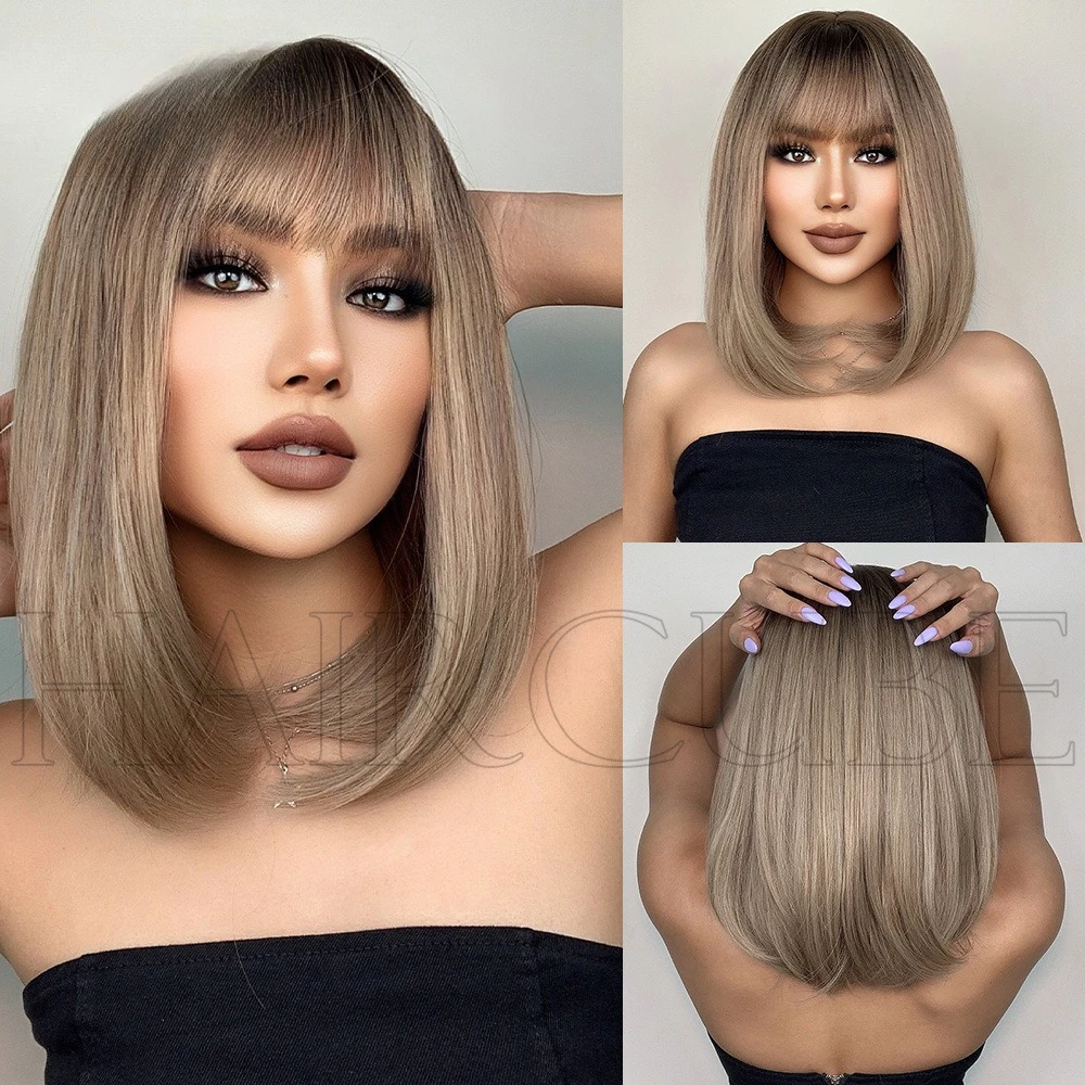 

European and American style lady with bangs on top of her head dyed black and brown shoulder-length wig woman